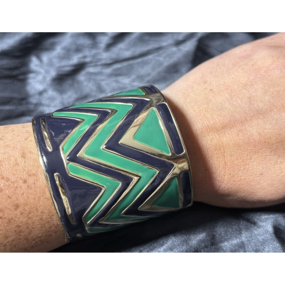 Vintage Gold Toned Navy Blue and Green Enameled Wide Statement Cuff Chevron